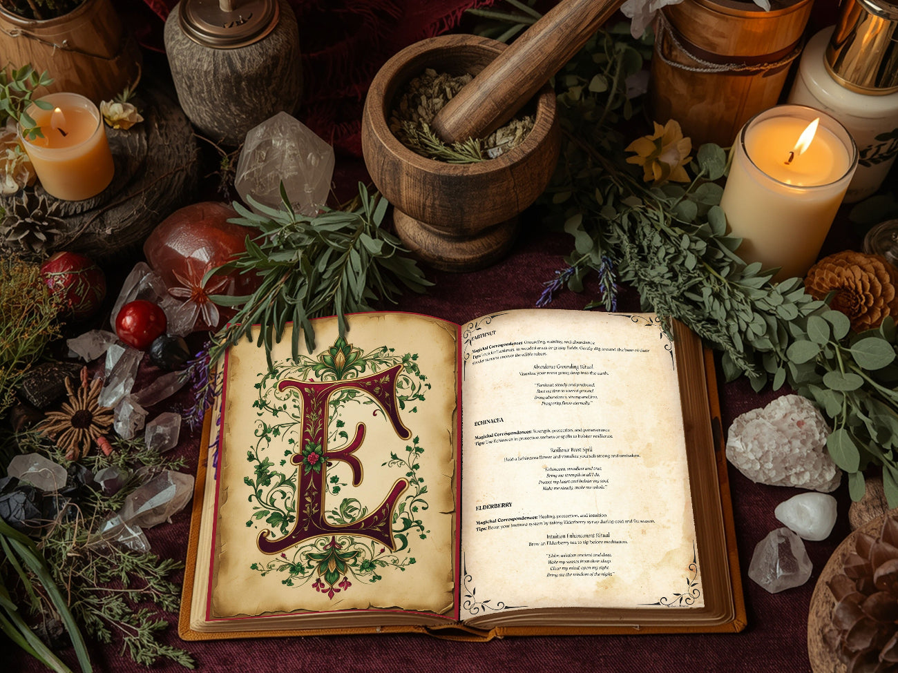 Open book with decorative letter 'E' surrounded by candles, herbs, and stones on a dark surface