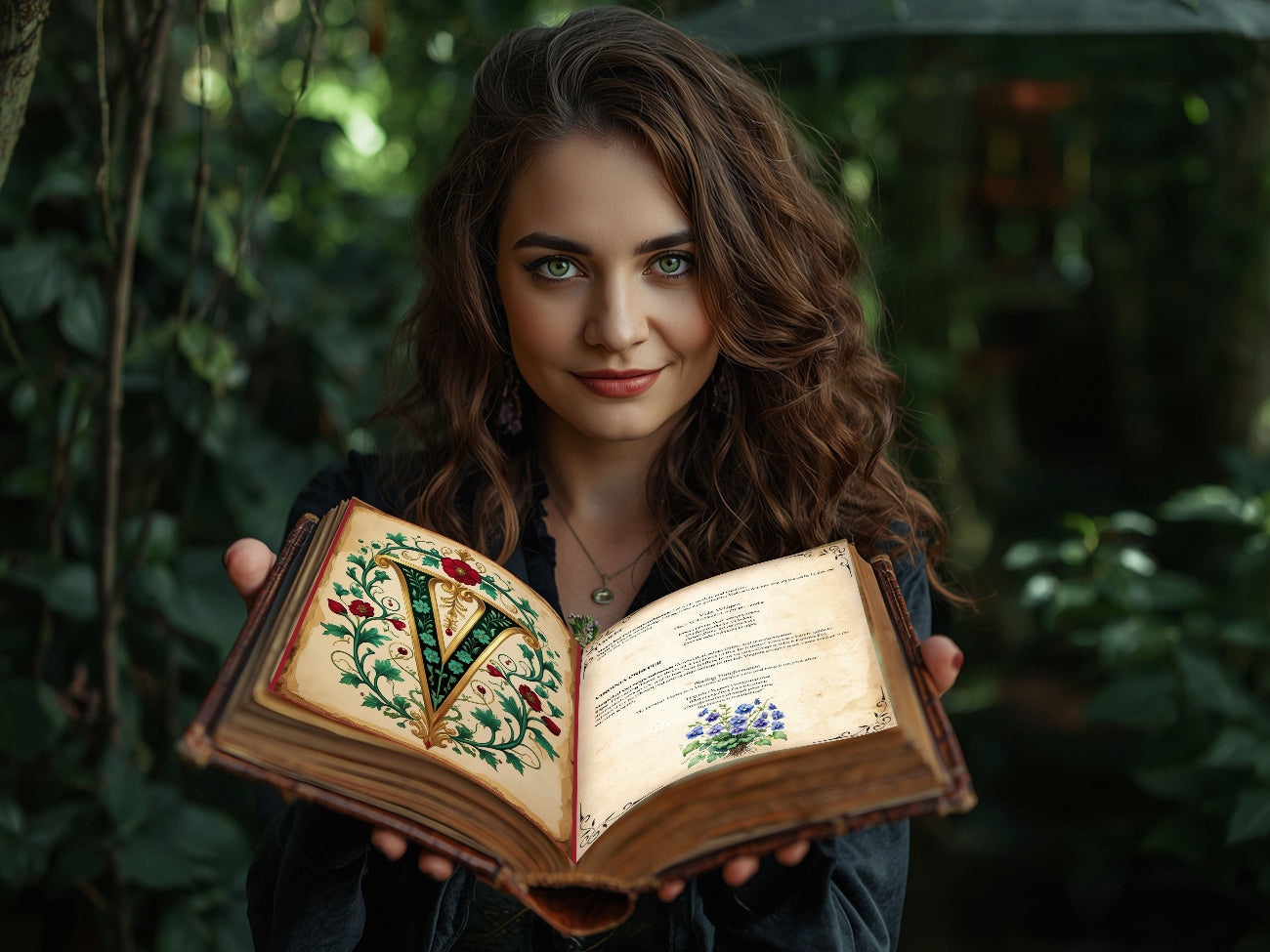Woman holding an open book with decorative pages against a blurred natural background