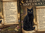 Black cat sitting on an open book with '10 Reasons to Adopt a Black Cat' text and decorative elements.