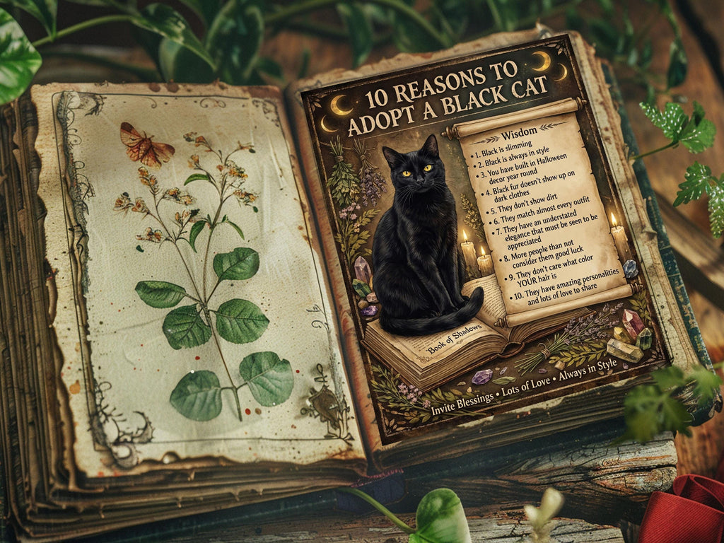 Open book with a black cat illustration and text on adopting a black cat, surrounded by greenery.