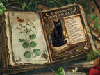 Open book with a black cat illustration and text on adopting a black cat, surrounded by greenery.