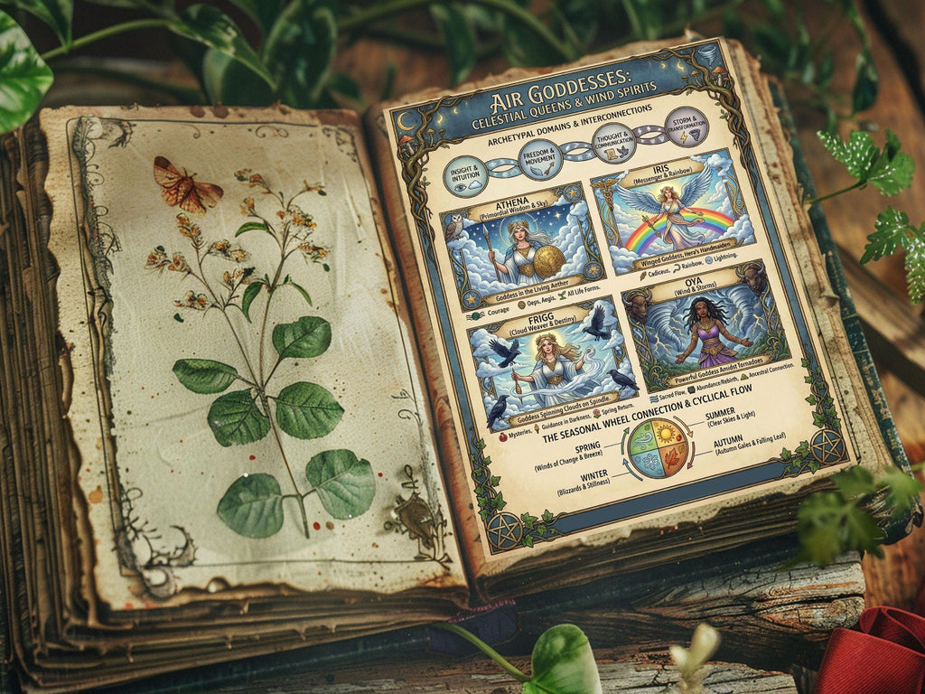 Open book with mystical illustrations and text on a natural background