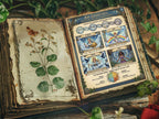 Open book with mystical illustrations and text on a natural background