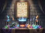Alchemical symbols poster on a stone wall with potion bottles and a cauldron on a table.