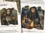 Magical-themed book pages with illustrations of a woman and animals, and another with a person and wolves by a fire.