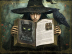 Witch holding an open Book of Shadows with a title page of The Witch's Familiar