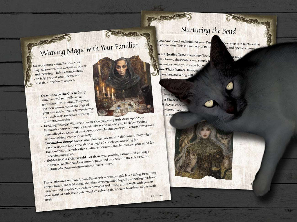Black cat sitting on top of two fantasy-themed pages  with text and illustrations on Weaving Magick with your Familiar and Nurturing the Bond.