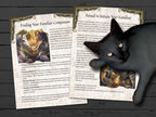 Black cat lying on top of a book with fantasy-themed pages on Finding your Familiar on a wooden surface 