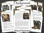 Set of fantasy-themed pages with text and illustrations on a white background.