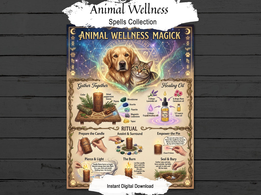 Animal Wellness Magick printable spell page featuring a dog, cat, herbs, crystals, and illustrated ritual steps