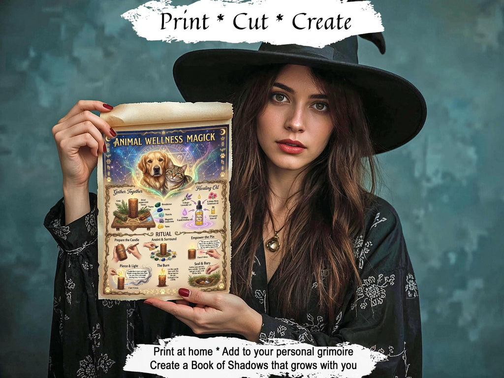 Woman wearing a black witch hat holds an Animal Wellness Magick printable spell page featuring a dog and cat