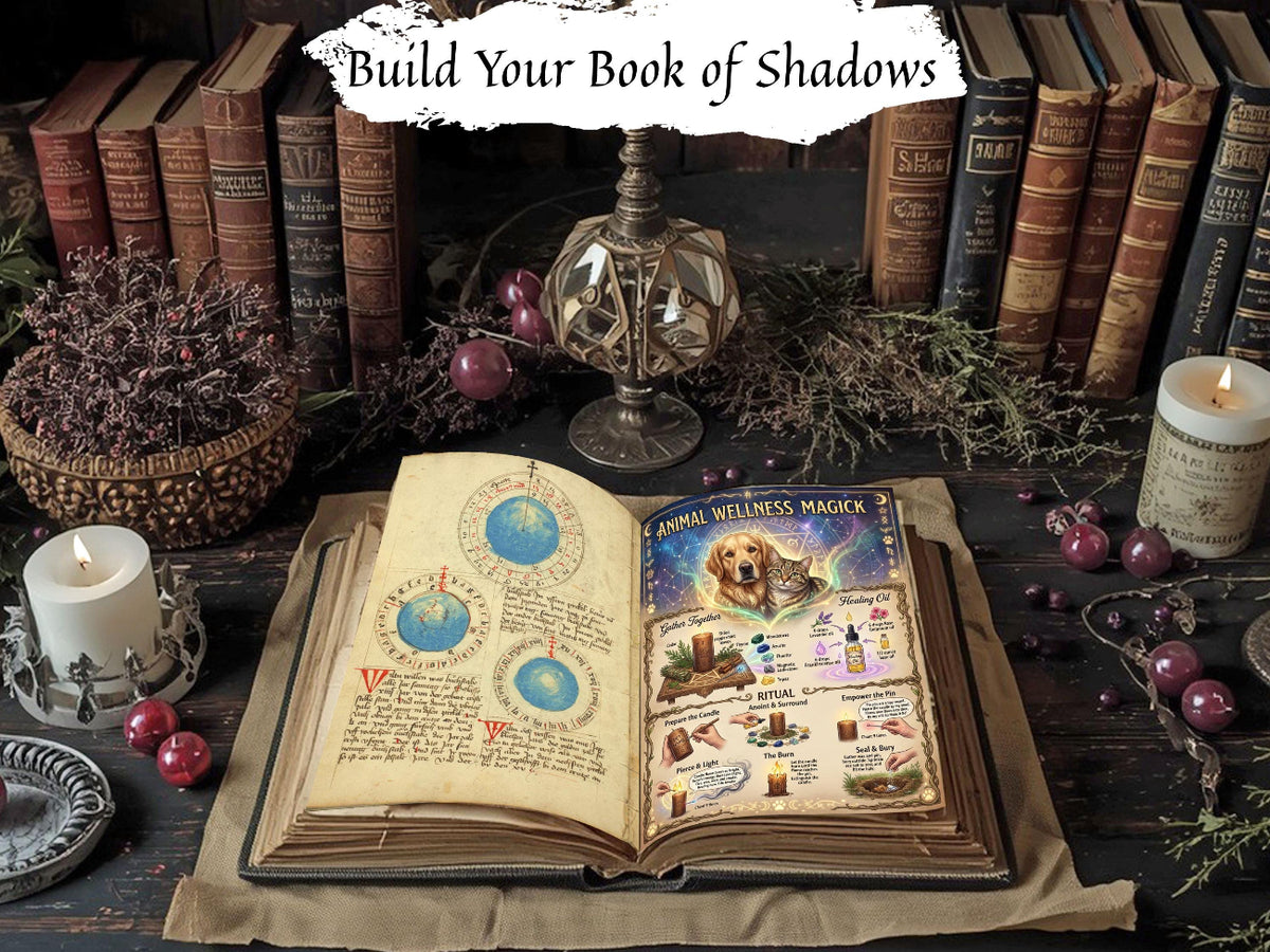 Animal Wellness Magick page displayed in an open Book of Shadows, surrounded by candles, herbs, and antique books.