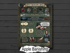 Witchcraft spell page infographic for 'Apple Banishing Spell' on a wooden background