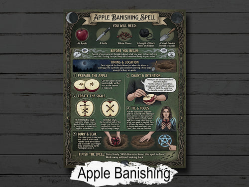 Witchcraft spell page infographic for 'Apple Banishing Spell' on a wooden background