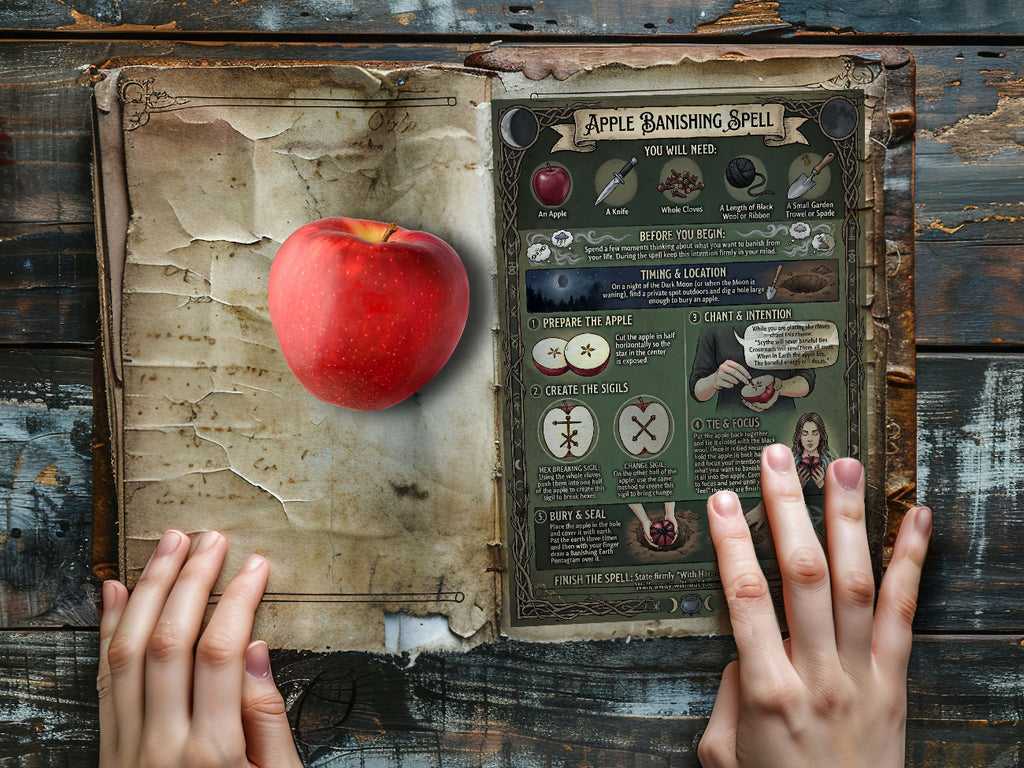 Red apple on an open book with a spellcasting diagram, held by hands on a wooden surface.