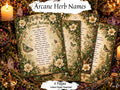 Arcane Herb Names four-page digital download with old witchcraft names for common herbs, floral borders and butterflies.