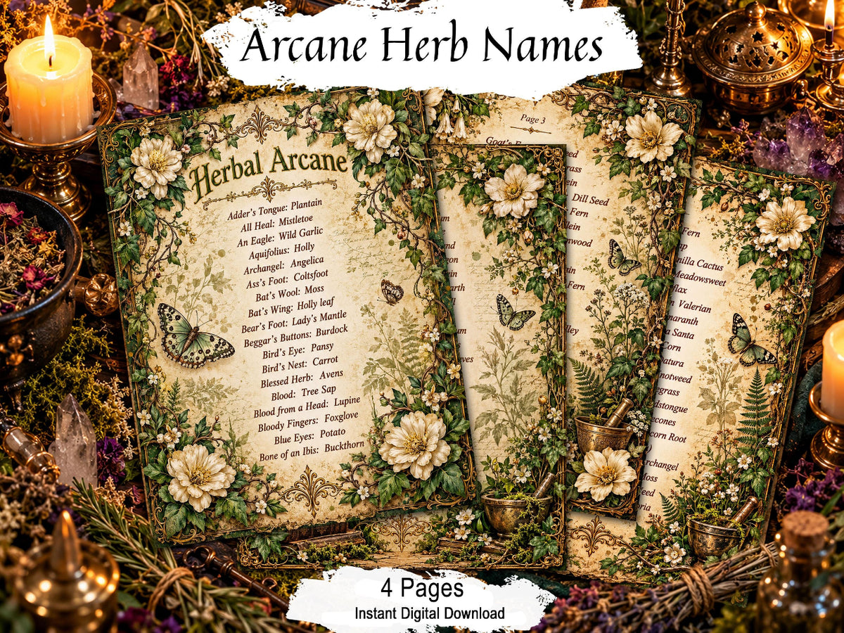 Arcane Herb Names four-page digital download with old witchcraft names for common herbs, floral borders and butterflies.