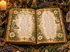 Open grimoire displaying Herbal Arcane pages one and two, listing traditional herb names among floral borders and butterflies.