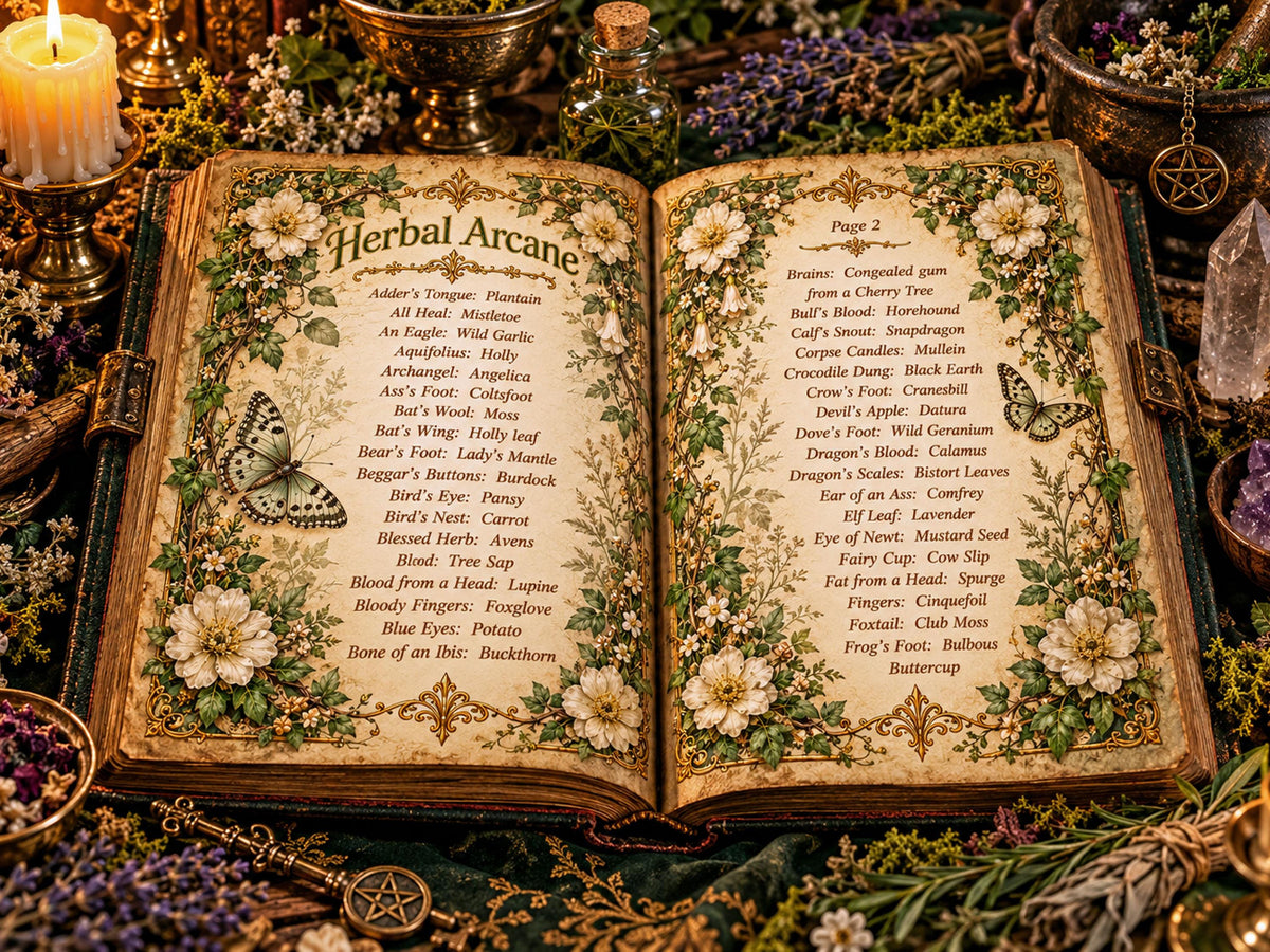 Open grimoire displaying Herbal Arcane pages one and two, listing traditional herb names among floral borders and butterflies.