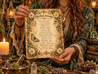 Person holding a Herbal Arcane printable page with old witchcraft herb names, cream flowers and a butterfly illustration.