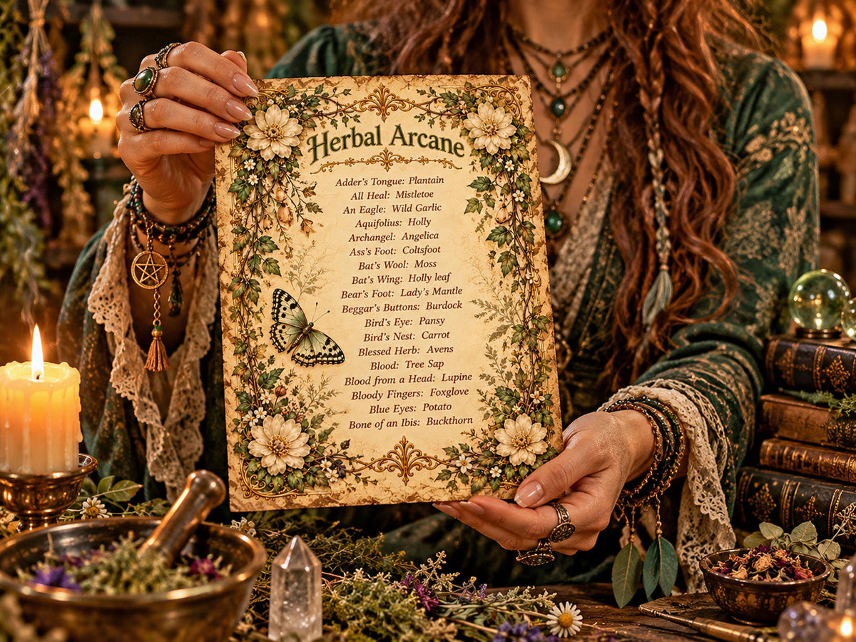 Person holding a Herbal Arcane printable page with old witchcraft herb names, cream flowers and a butterfly illustration.
