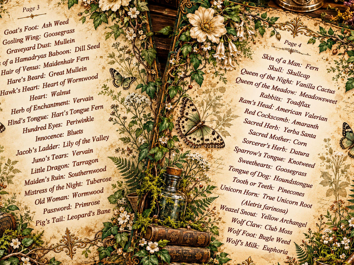 Close-up of Herbal Arcane pages three and four, pairing old witchcraft names with common herbs, framed by flowers and butterflies.