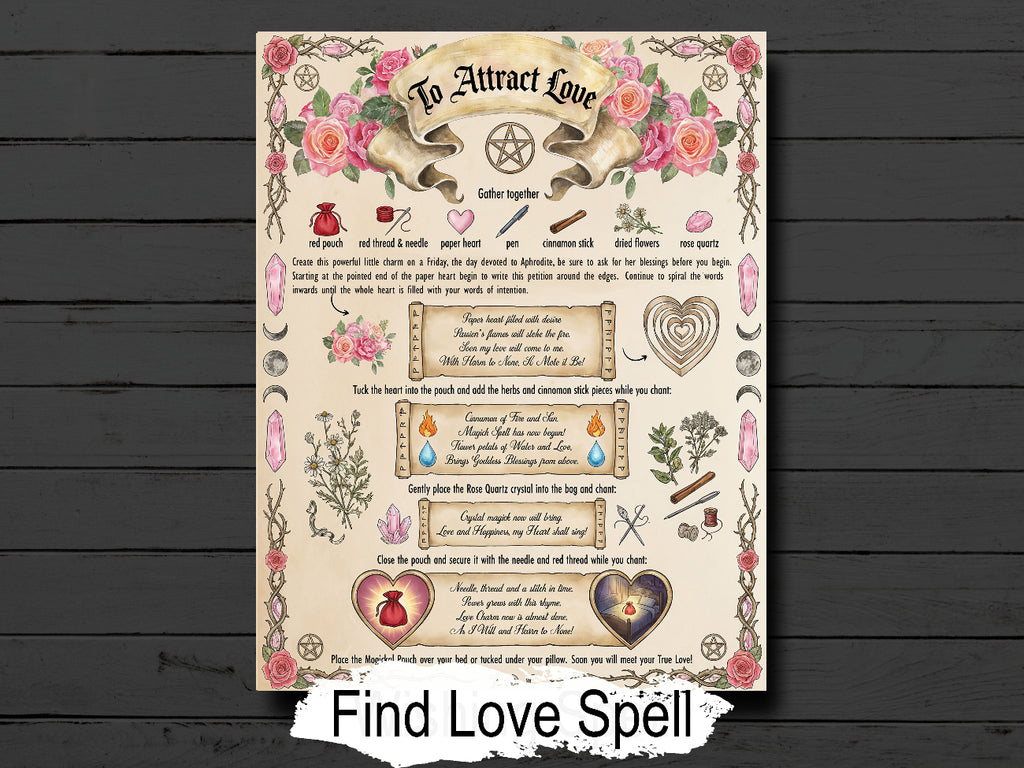 Decorative love spell page with text and symbols on a wooden background