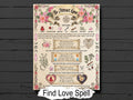 Decorative love spell page with text and symbols on a wooden background