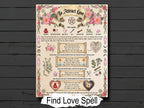 Decorative love spell page with text and symbols on a wooden background