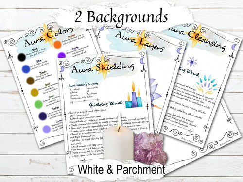 AURA GUIDE pages shown with the optional white and parchment backgrounds