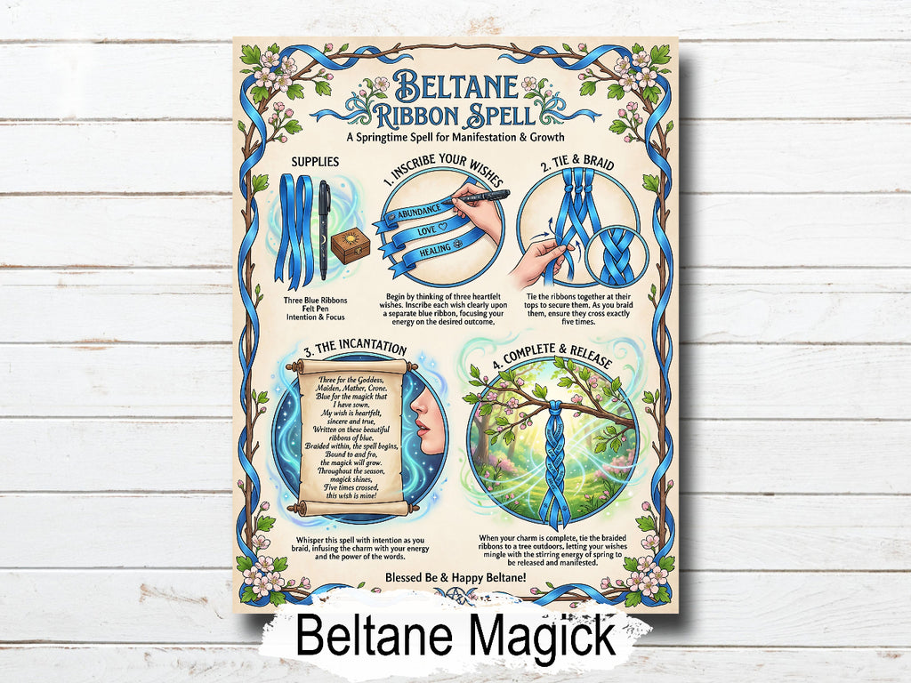 Beltane Ribbon Spell infographic with decorative elements on a wooden background