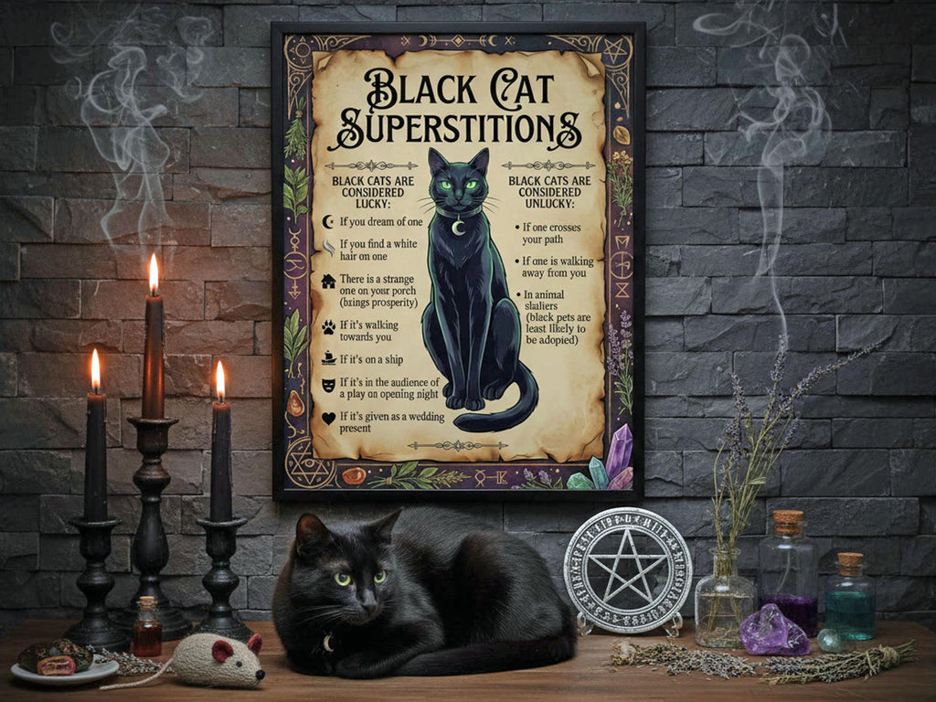 Poster titled 'Black Cat Superstitions' with a black cat on a wooden table against a dark stone wall.