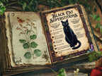 Open book with black cat superstitions and botanical illustration, surrounded by greenery.