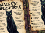Page about black cat superstitions with illustrations and text on a decorative background.