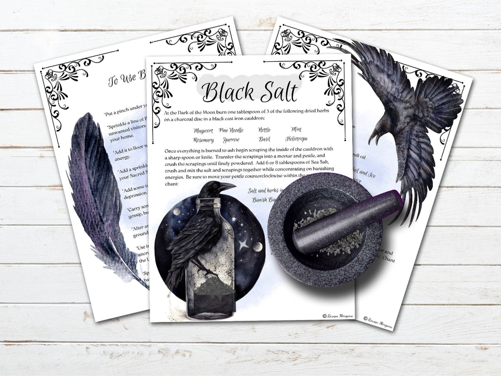 Three pages featuring black salt, with a bottle, and a raven on a white wooden surface.