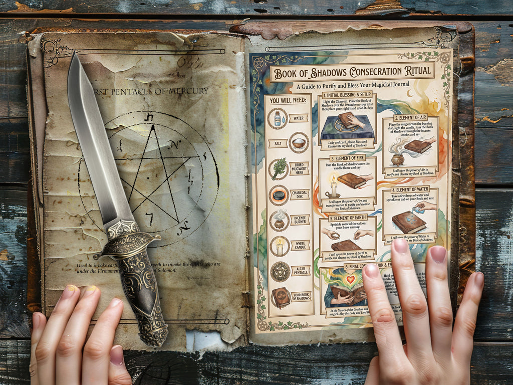 Open book with magical symbols, Book of Shadows Consecration page, and n athame on a wooden surface, held open by hands.