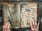 Open book with magical symbols, Book of Shadows Consecration page, and n athame on a wooden surface, held open by hands.