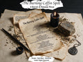 Burning Coffin Spell printable ritual pages on aged parchment beside a lit black candle, dried herbs, quill, and pentacle pendant.
