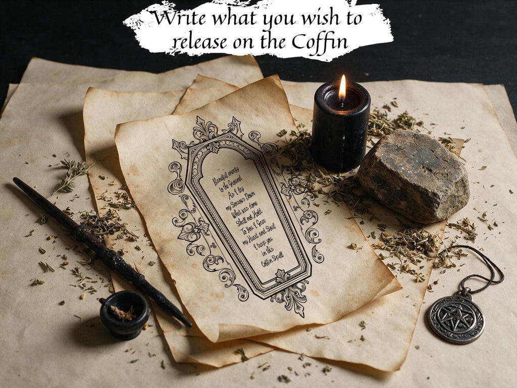 Printable coffin-shaped release worksheet with an ornate border, beside a black candle and herbs. Text reads: Write what you wish to release on the coffin.