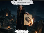 Dark moon banishing ritual artwork showing a woman holding a burning page with a coffin illustration in a lantern-lit graveyard.