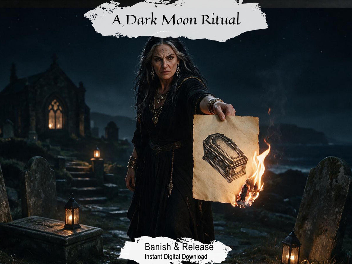 Dark moon banishing ritual artwork showing a woman holding a burning page with a coffin illustration in a lantern-lit graveyard.