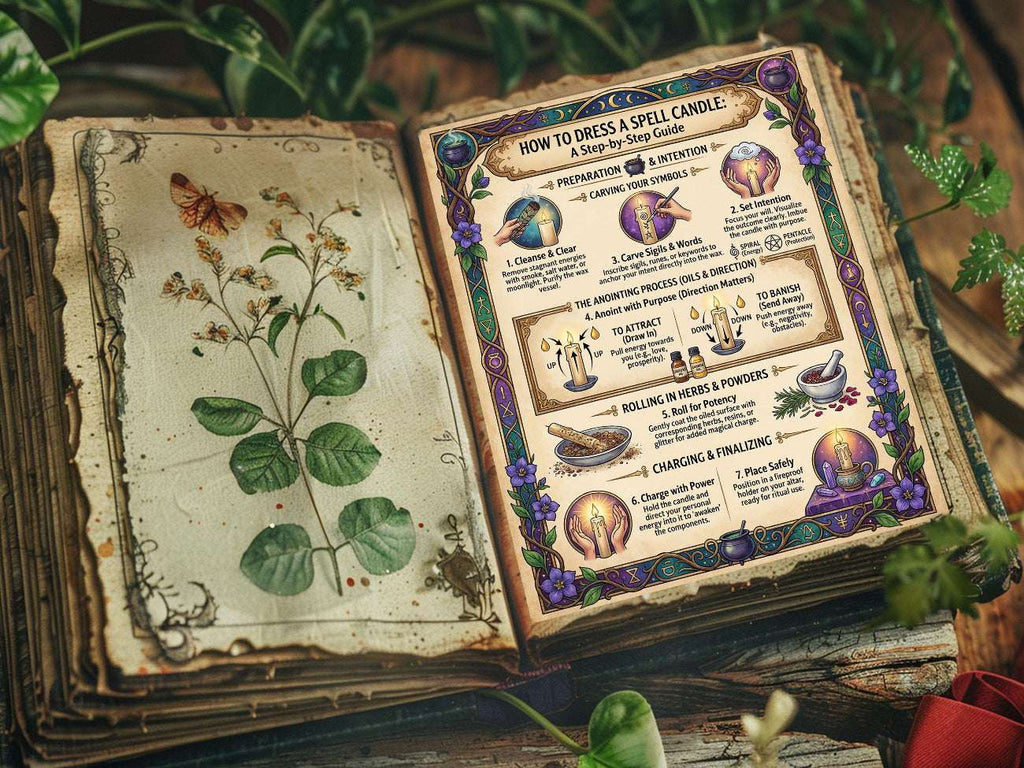 Open book with magical candle spellcasting instructions and illustrations of herbs and spells.