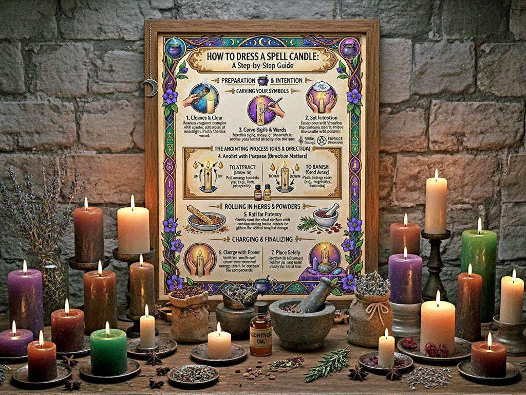 Witchcraft altar setup with candles, herbs, and a framed poster on a stone wall background