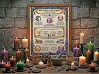 Witchcraft altar setup with candles, herbs, and a framed poster on a stone wall background