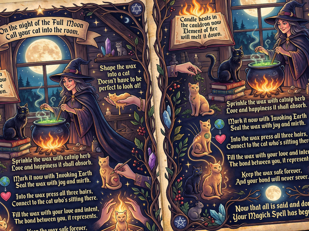 Magical scene with witches, cats, and potion ingredients on a dark background