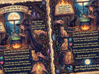 Magical scene with witches, cats, and potion ingredients on a dark background