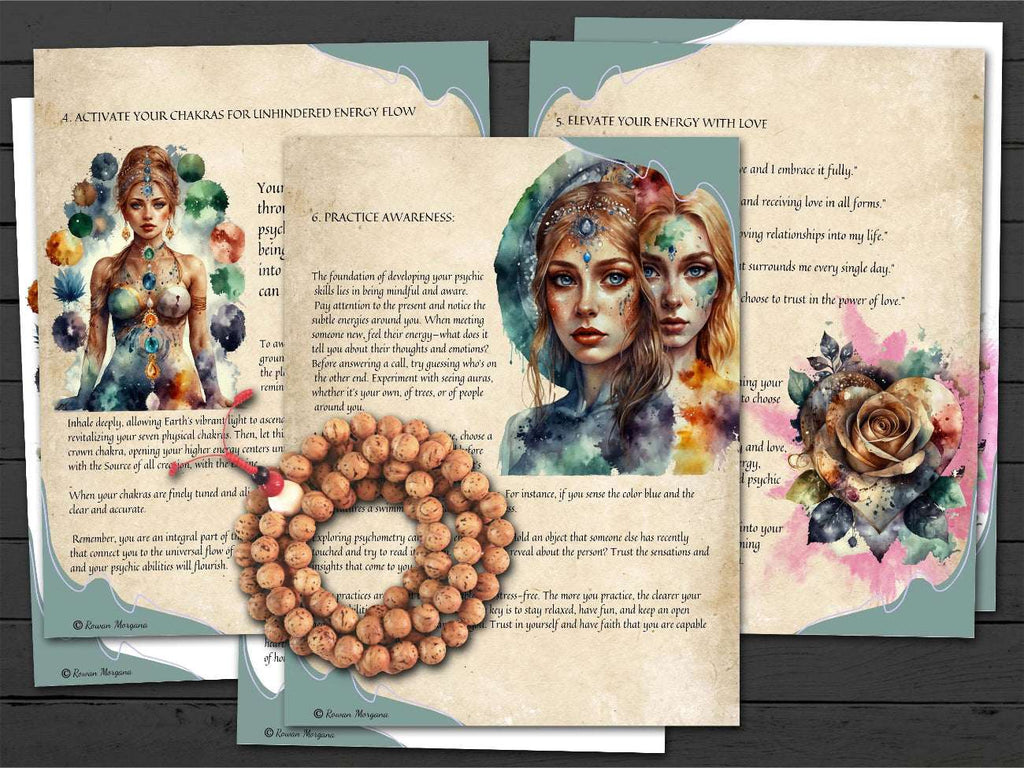 Set of spiritual pages on psychic energy with artistic illustrations and text on a wooden surface