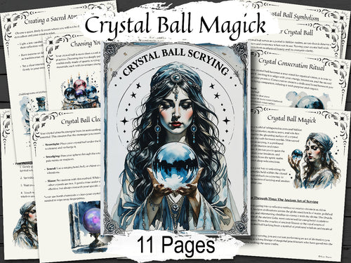 Crystal Ball Magick book with illustrations and text on a white background