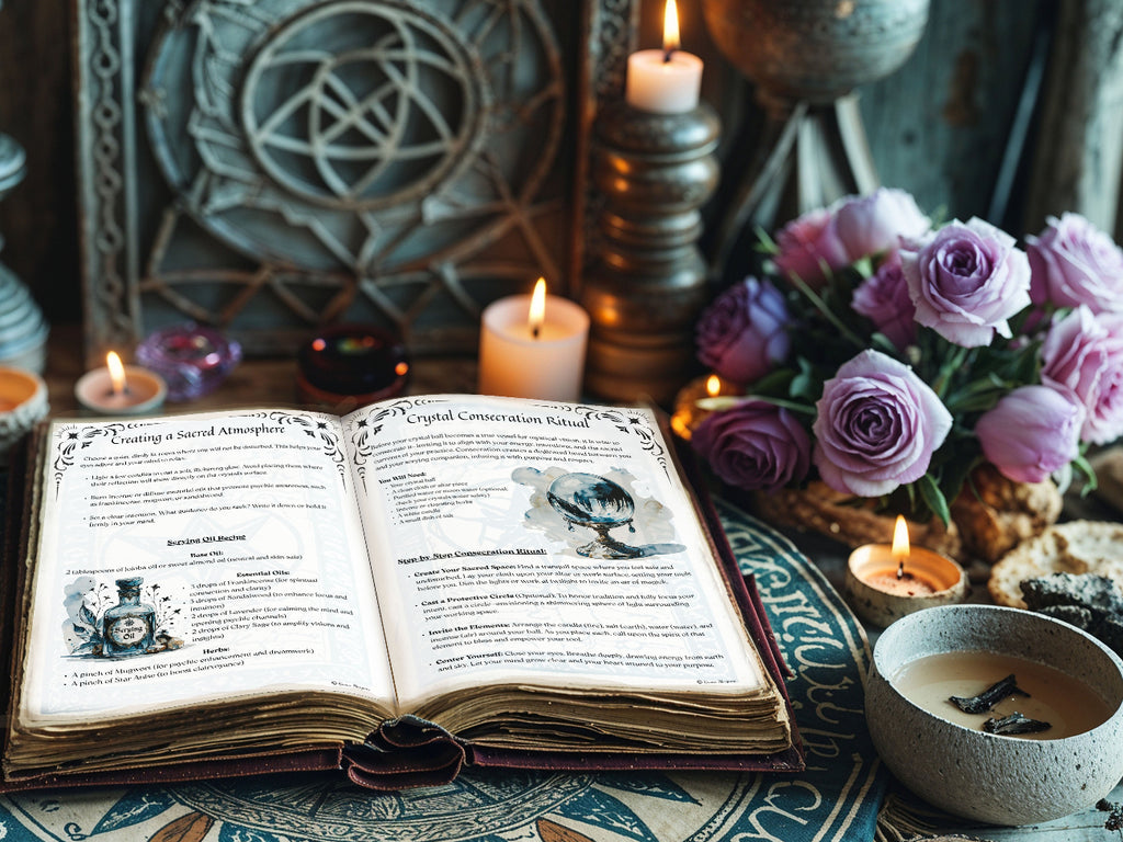 Open book about Crystal Ball Magick with magical rituals, candles, and flowers on a mystical table setting.