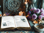 Open book about Crystal Ball Magick with magical rituals, candles, and flowers on a mystical table setting.